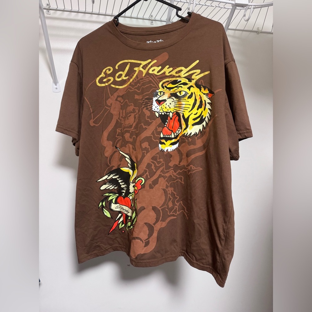 Ed Hardy Brown Tee with Tiger Graphic
